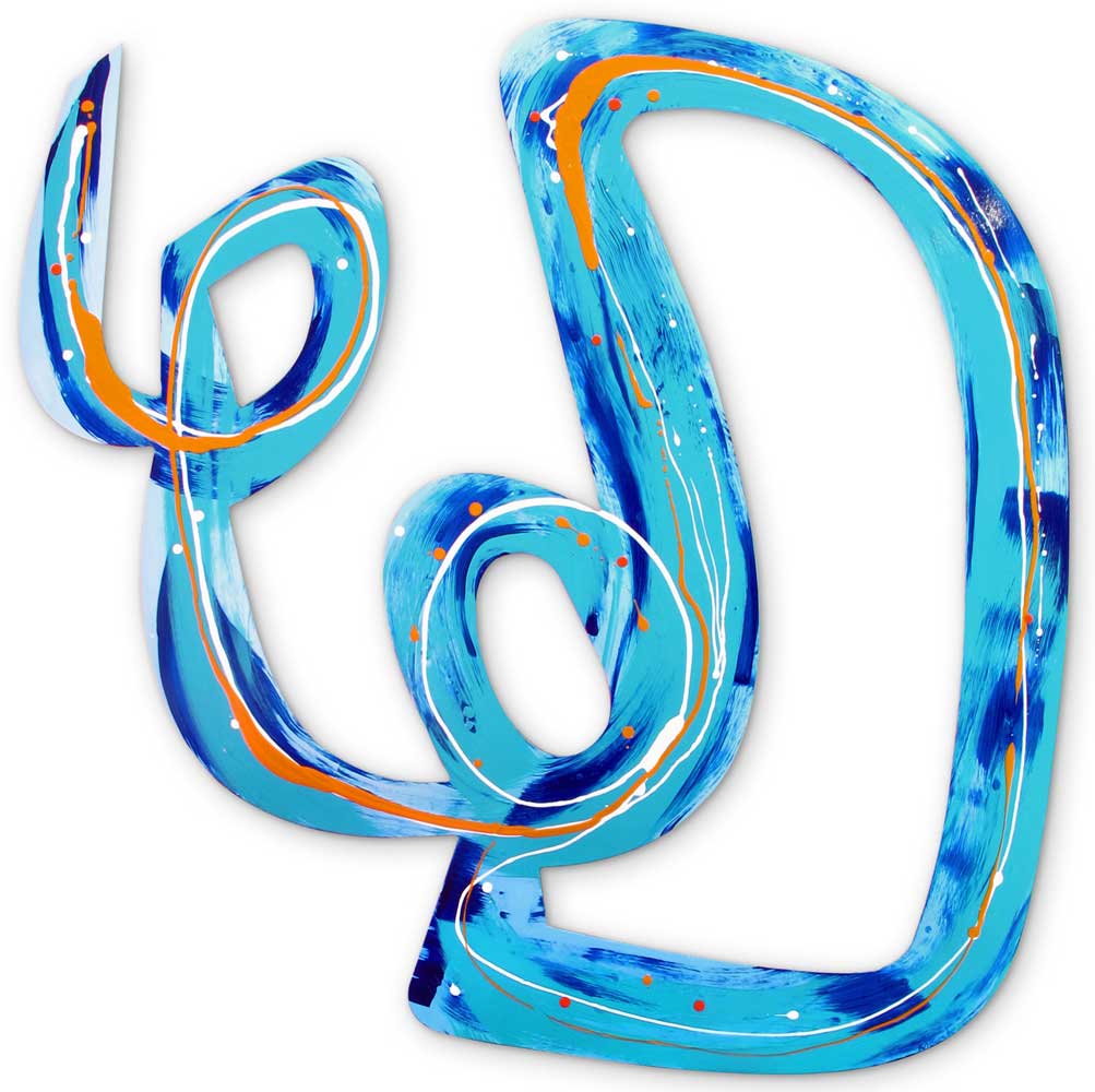 Full view of Flik Flak original abstract wall sculpture by Kirsty Black — cut-out plywood with looping turquoise and cobalt blue forms, burnt orange stripe and white line detail with high-gloss resin finish.