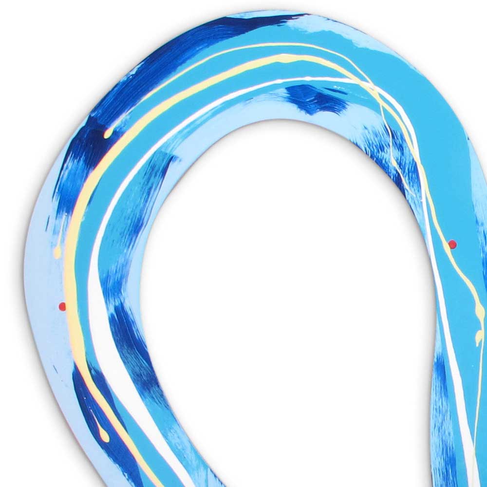Close-up of Flouncing Flora wall sculpture by Kirsty Black showing a sweeping oval loop in sky blue and cobalt with layered white and yellow line detail and small red dot accents on the high-gloss surface.