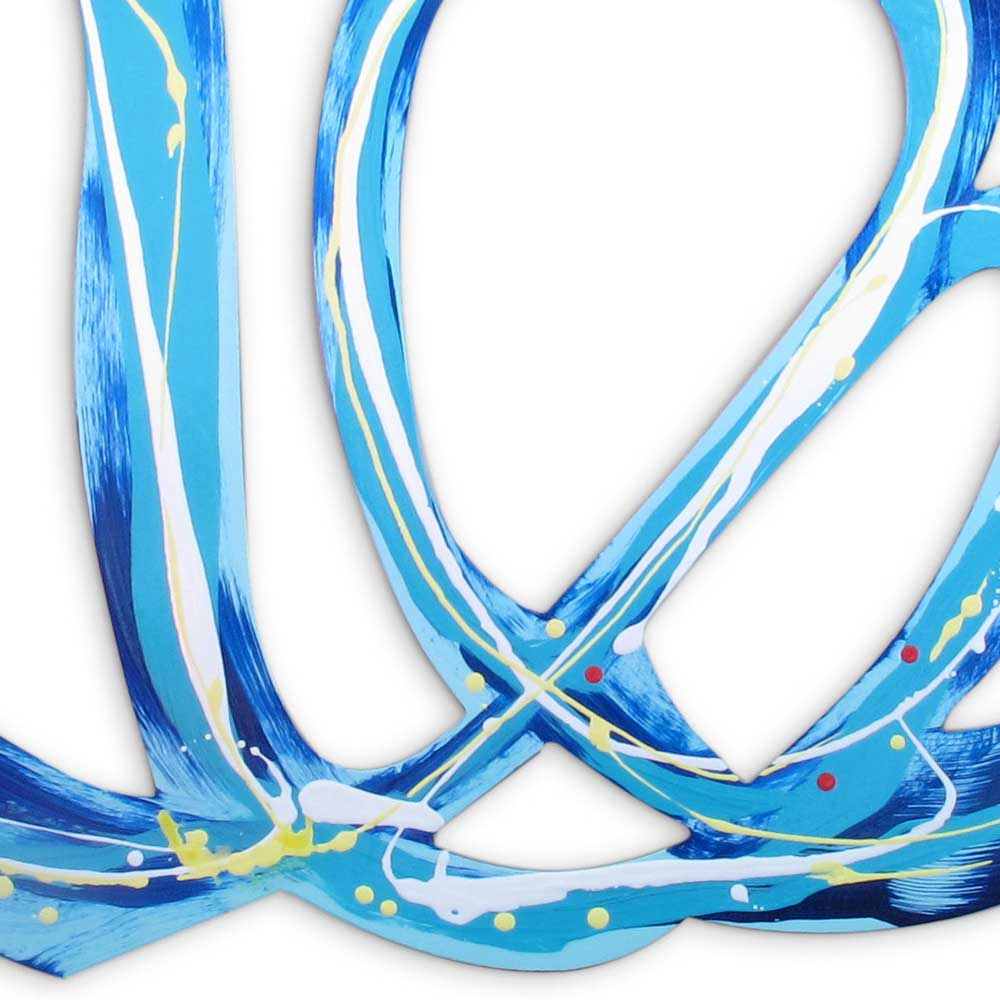 Detail of Flouncing Flora wall sculpture by Kirsty Black showing interlocking looping ribbon forms in sky blue and cobalt with crossed white and yellow lines, red and yellow accents..