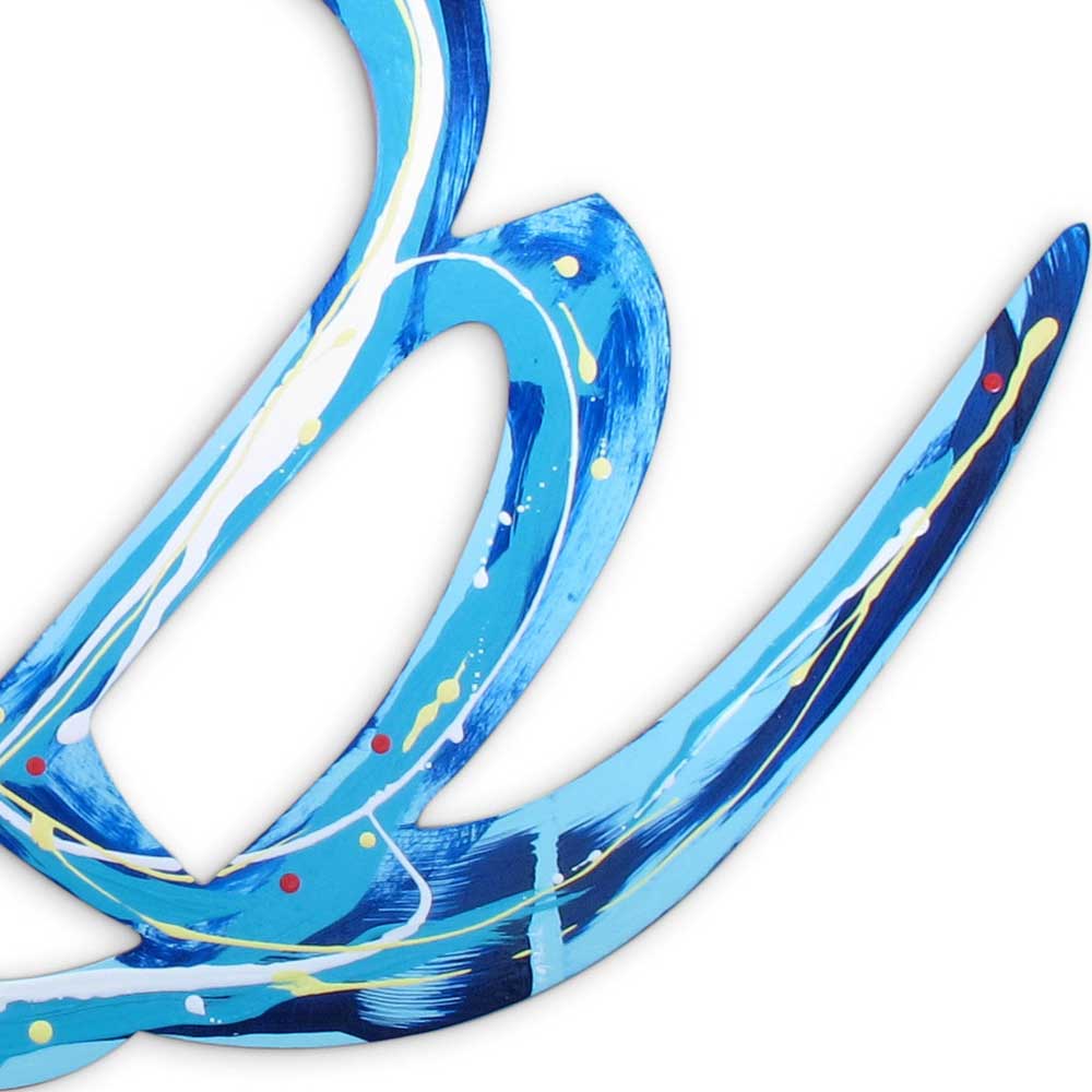 Detail of Flouncing Flora wall sculpture by Kirsty Black showing curving sky blue and cobalt ribbon forms with fine white and yellow linear detail, red dot accents and paint splatter on the glossy surface.