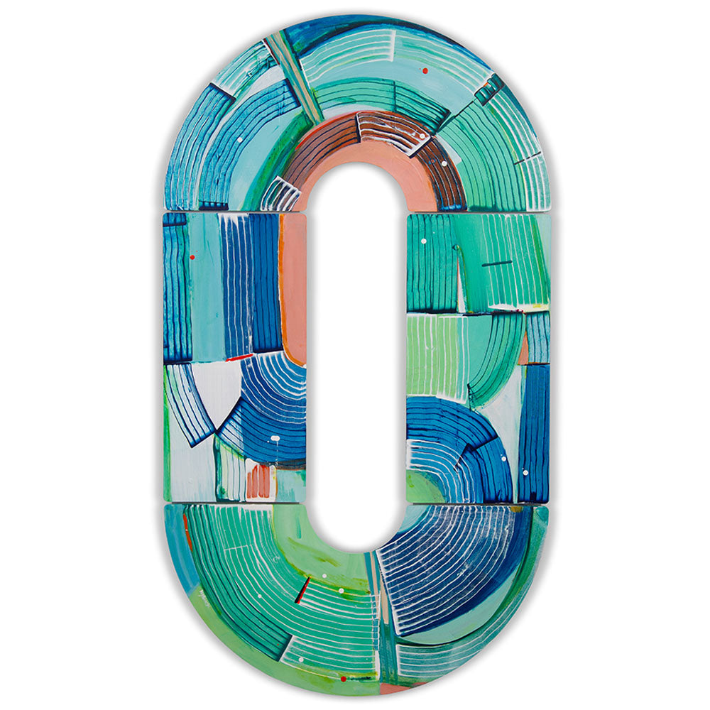 Otter Wingding, O-shaped abstract wall sculpture in blues, greens, coral, hang vertically or horizontally