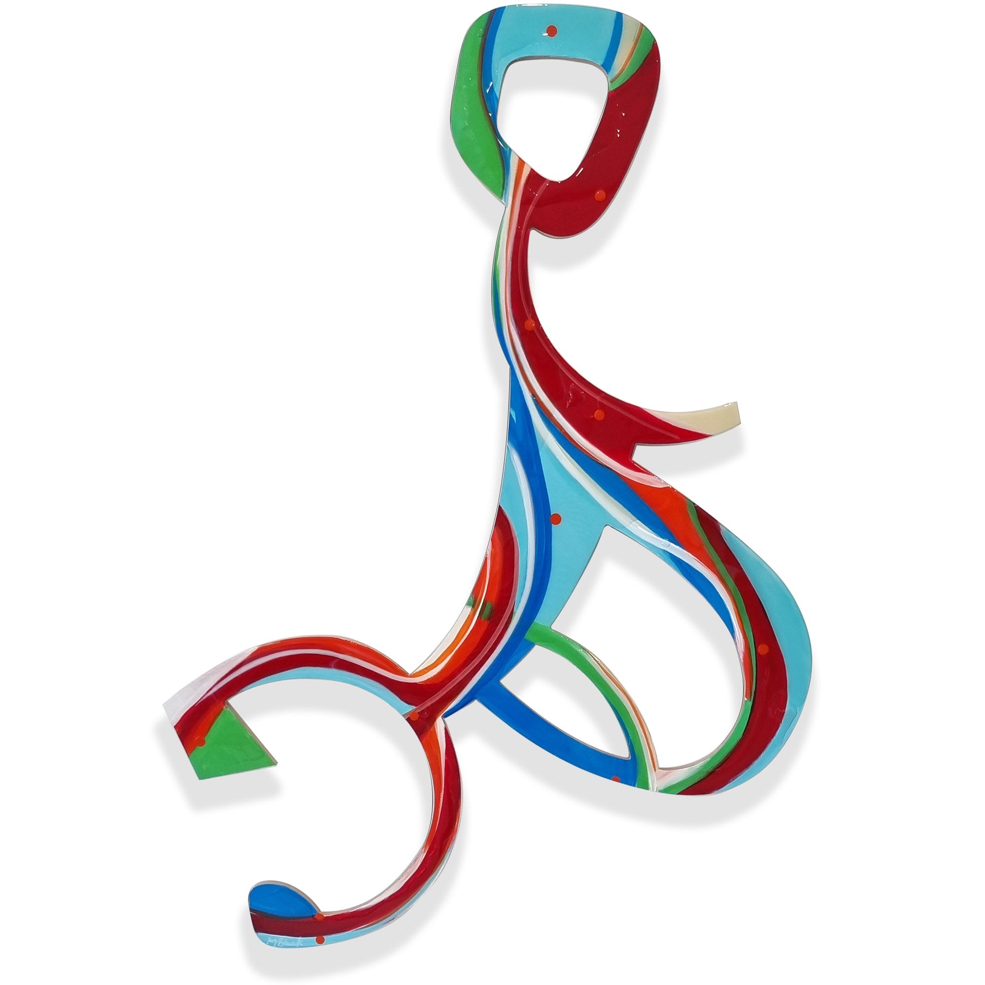 Seahorse Baby Shower original abstract wall sculpture by Kirsty Black — single cut-out plywood with fluid crimson red and aqua blue ribbons, open negative spaces and high-gloss resin pour.