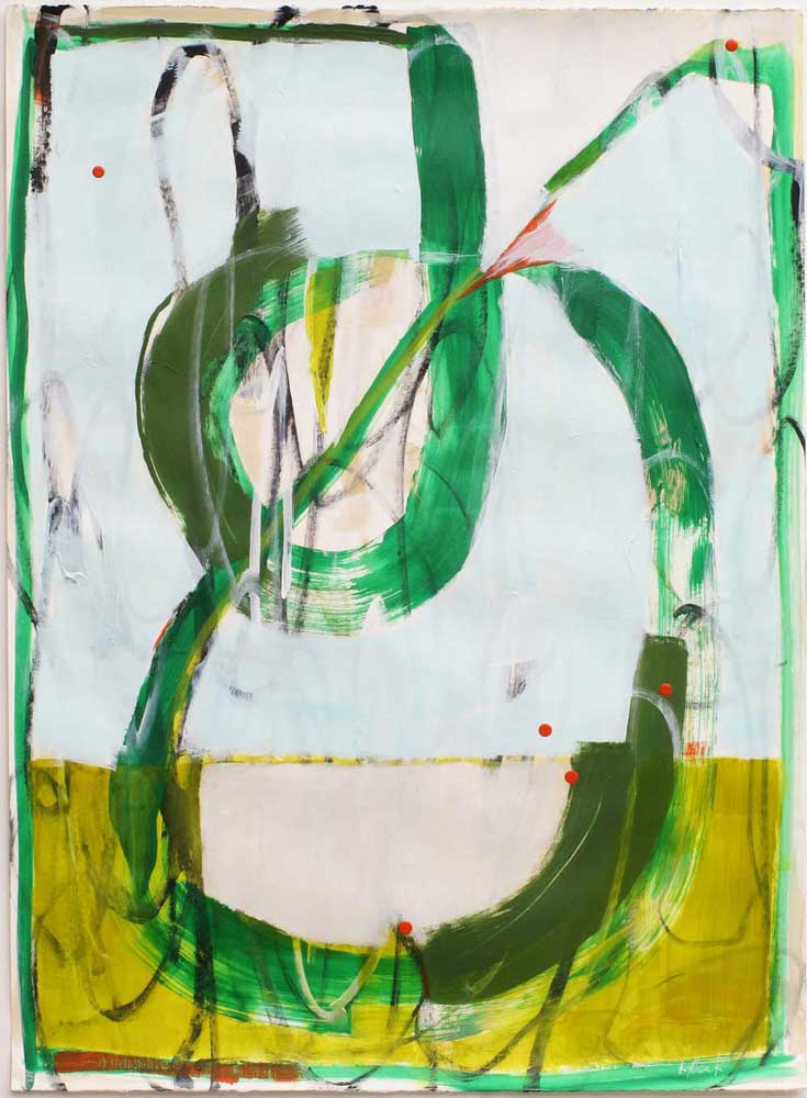 Contemporary abstract painting by Kirsty Black featuring layered green circular forms, expressive brushwork and abstract composition