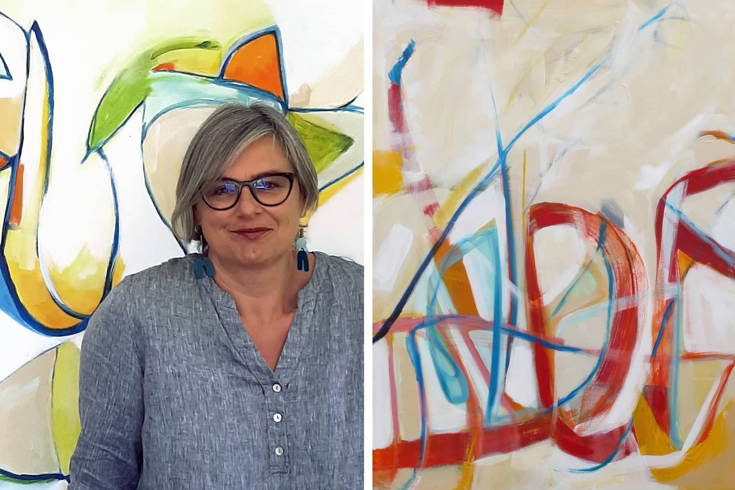New Zealand abstract artist Kirsty Black standing beside two of her original abstract paintings in her Maraetai studio