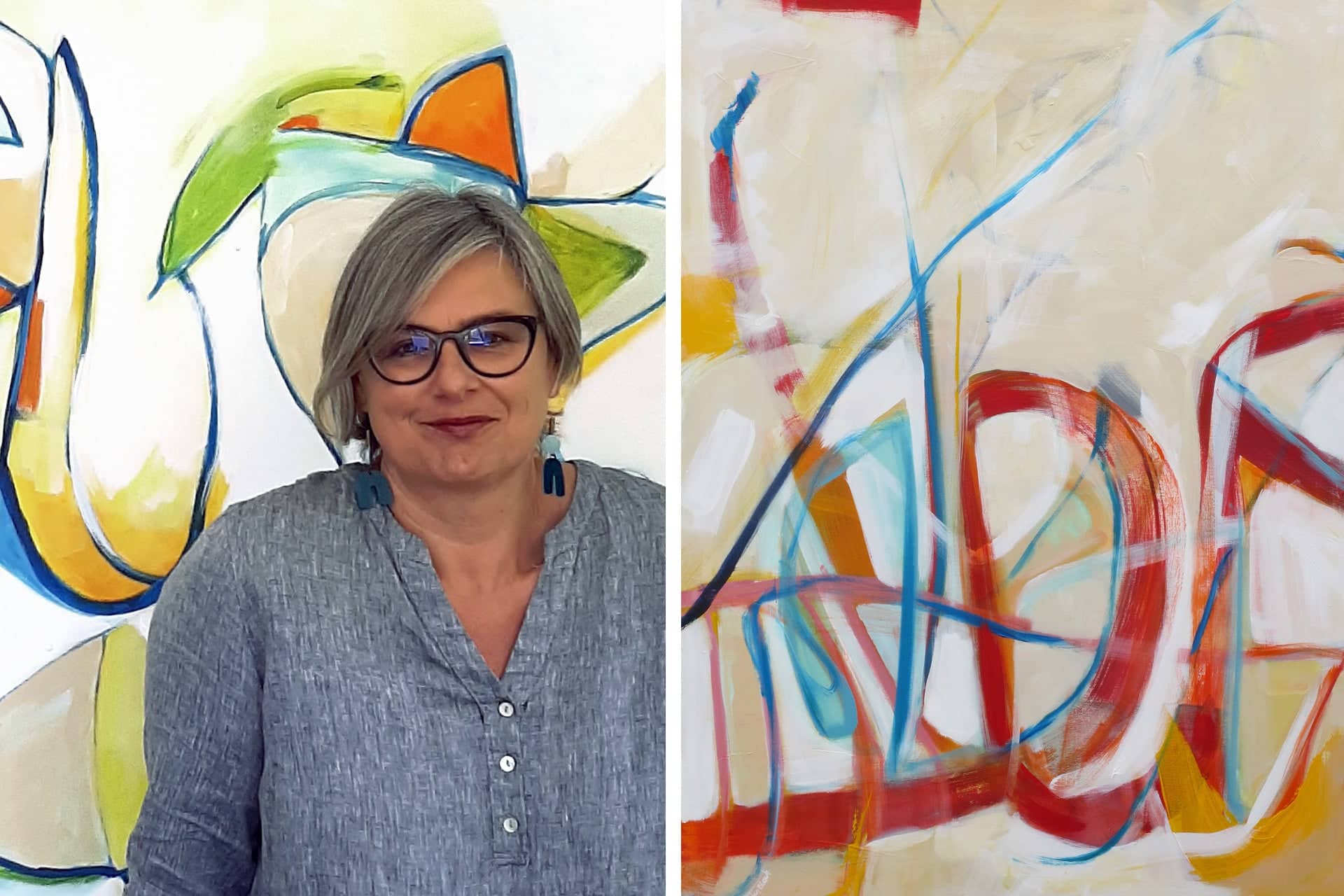 New Zealand abstract artist Kirsty Black standing beside two of her original abstract paintings in her Maraetai studio