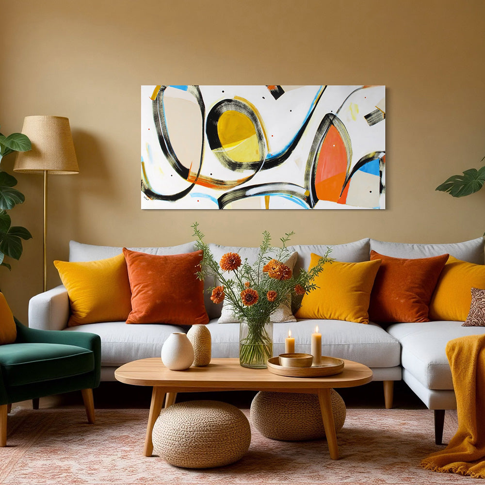 Large gestural abstract painting hanging in a colourful lounge
