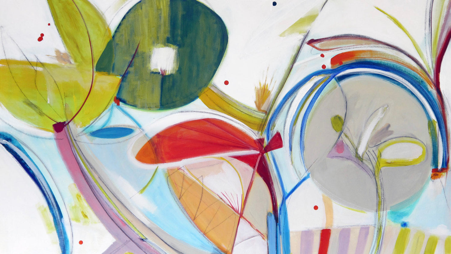 Caterpillar Fiesta original abstract painting by Kirsty Black featuring overlapping circular forms in olive green, lime, red and blue with delicate gestural linework and scattered red dots on white canvas