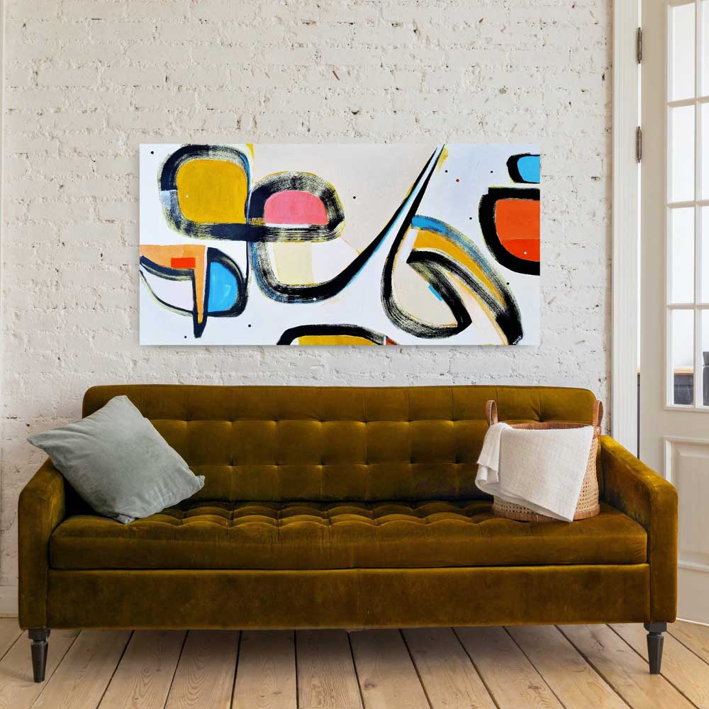 Elephant Limbo, a large gestural abstract painting in earthy tones hanging above a brown couch