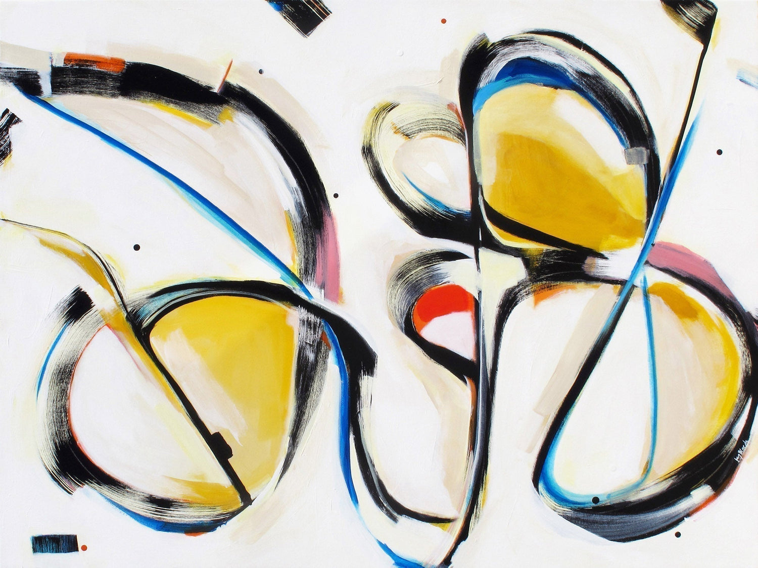 Original abstract art painting with black flowing brushstrokes & yellow, blue & red details on a white background