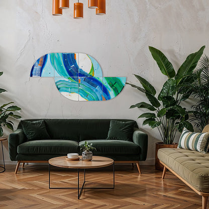 Flipper Rally by Kirsty Black hanging horizontally in a contemporary living room, colourful diptych wall sculpture