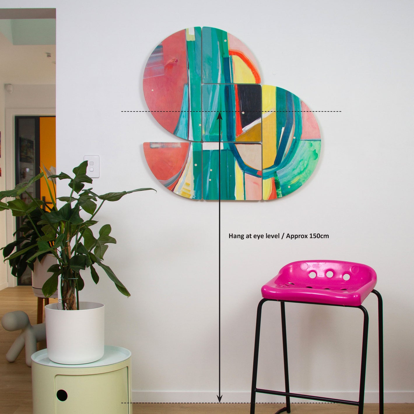 Eye level guide to hanging artwork on your wall, approx. 150cm from floor to centre of artwork