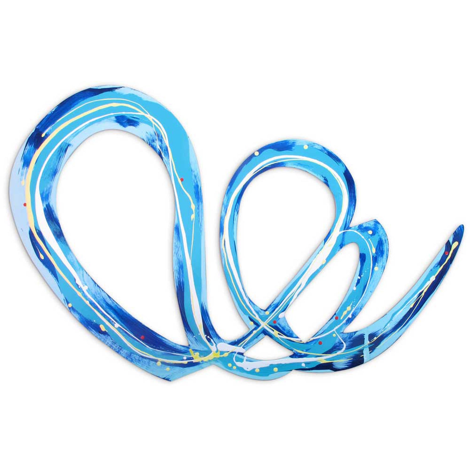 Full view of Flouncing Flora original abstract wall sculpture by Kirsty Black — horizontal cut-out plywood with two looping sky blue and cobalt ribbon forms threaded with white and yellow lines and paint splatter.