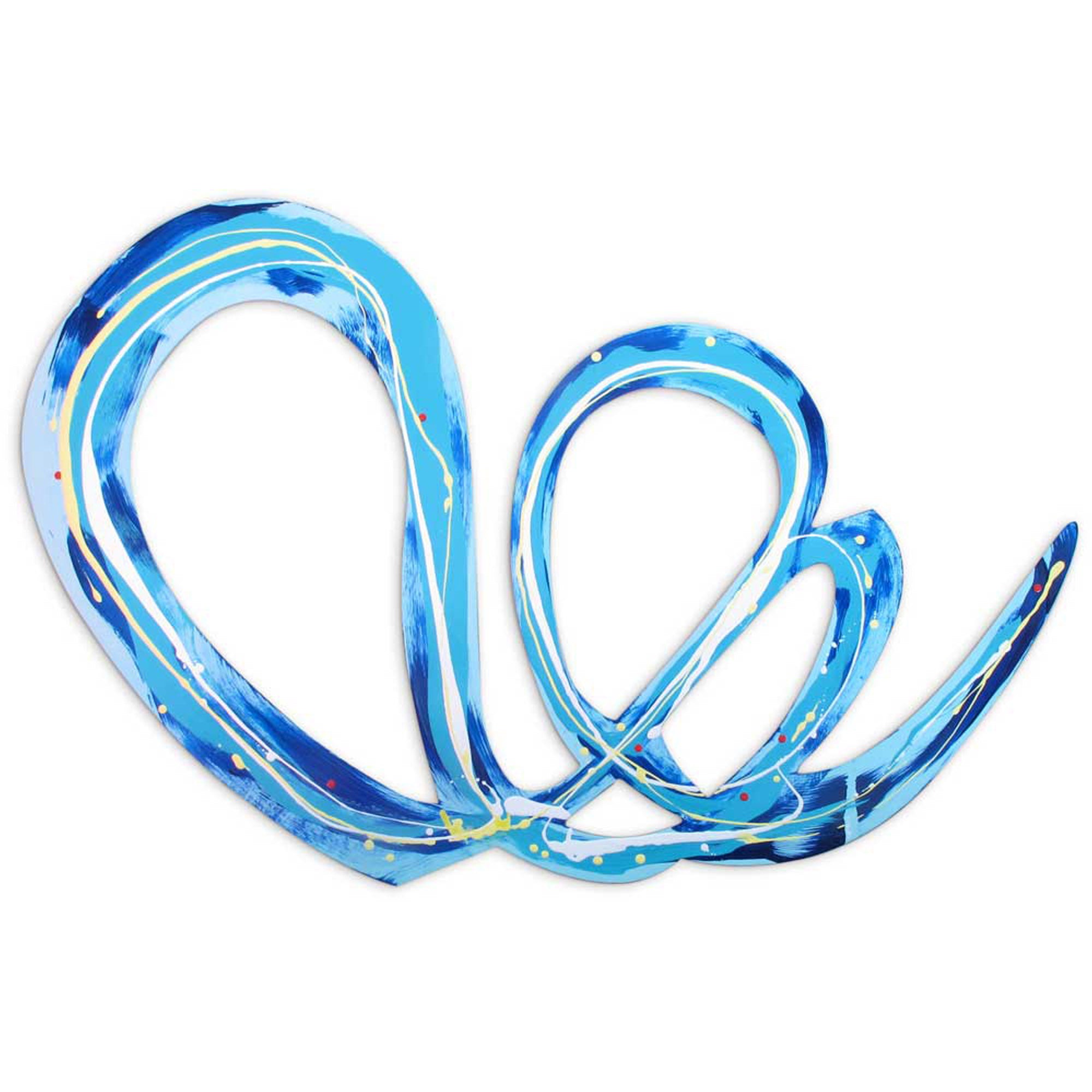 Full view of Flouncing Flora original abstract wall sculpture by Kirsty Black — horizontal cut-out plywood with two looping sky blue and cobalt ribbon forms threaded with white and yellow lines and paint splatter.