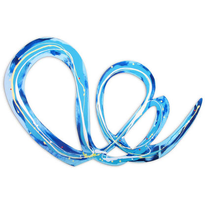 Full view of Flouncing Flora original abstract wall sculpture by Kirsty Black — horizontal cut-out plywood with two looping sky blue and cobalt ribbon forms threaded with white and yellow lines and paint splatter.