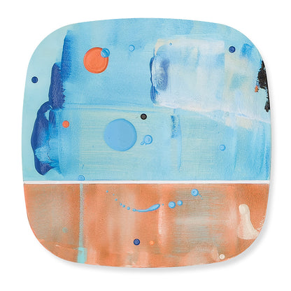 Apricot Sorbet, original abstract painting on bevelled ply with soft sky blue upper field and warm apricot lower field with scattered dot and circle detail, by Kirsty Black.