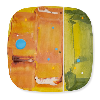 Bosc Sorbet, original abstract painting on bevelled ply with warm amber and yellow-green split palette and scattered blue, orange and yellow dot detail, by Kirsty Black.
