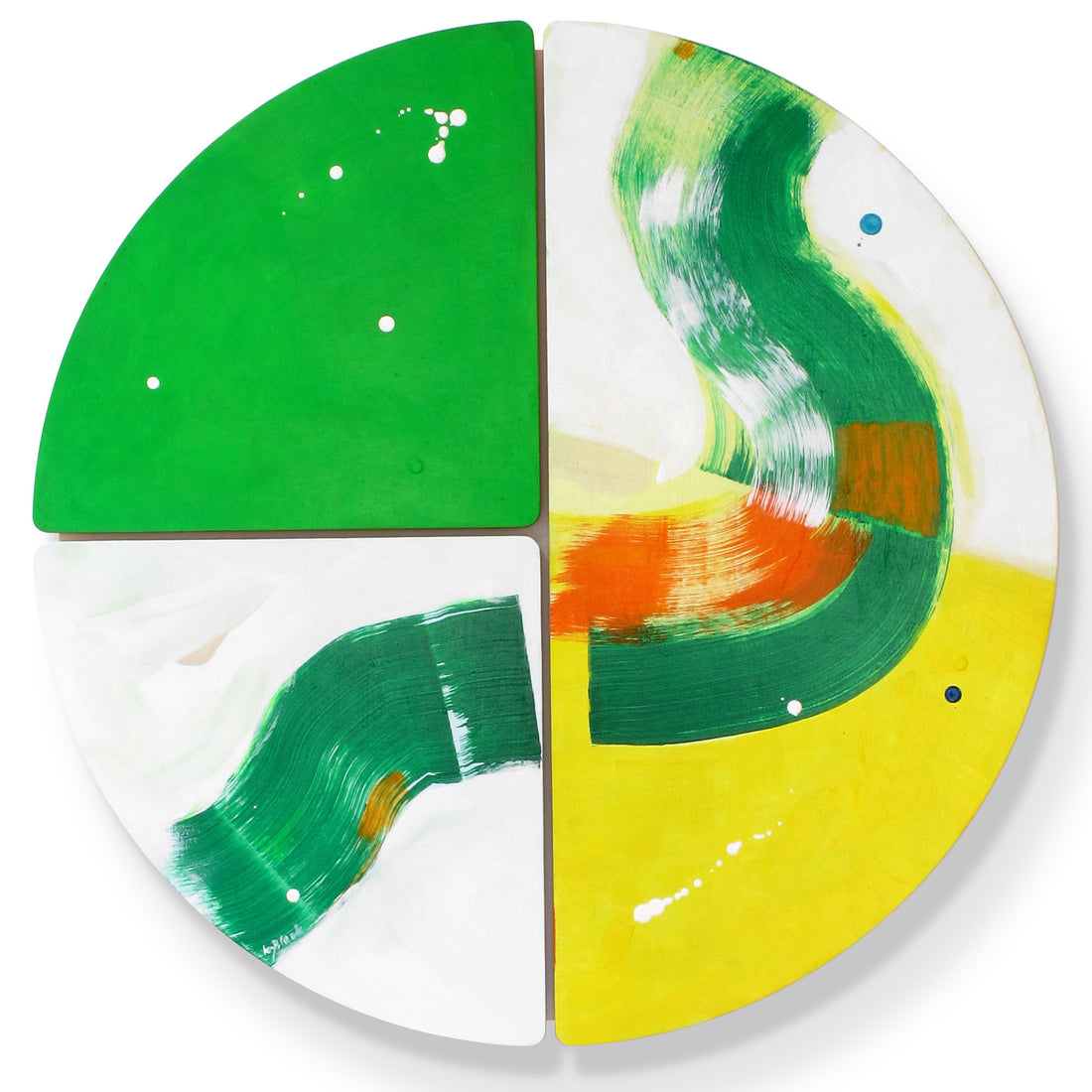 View of Crocodile Belly Skid original abstract wall sculpture by Kirsty Black 3 plywood tiles with a bold vivid green quarter-circle, fluid forest green brushwork and sunny yellow on white.