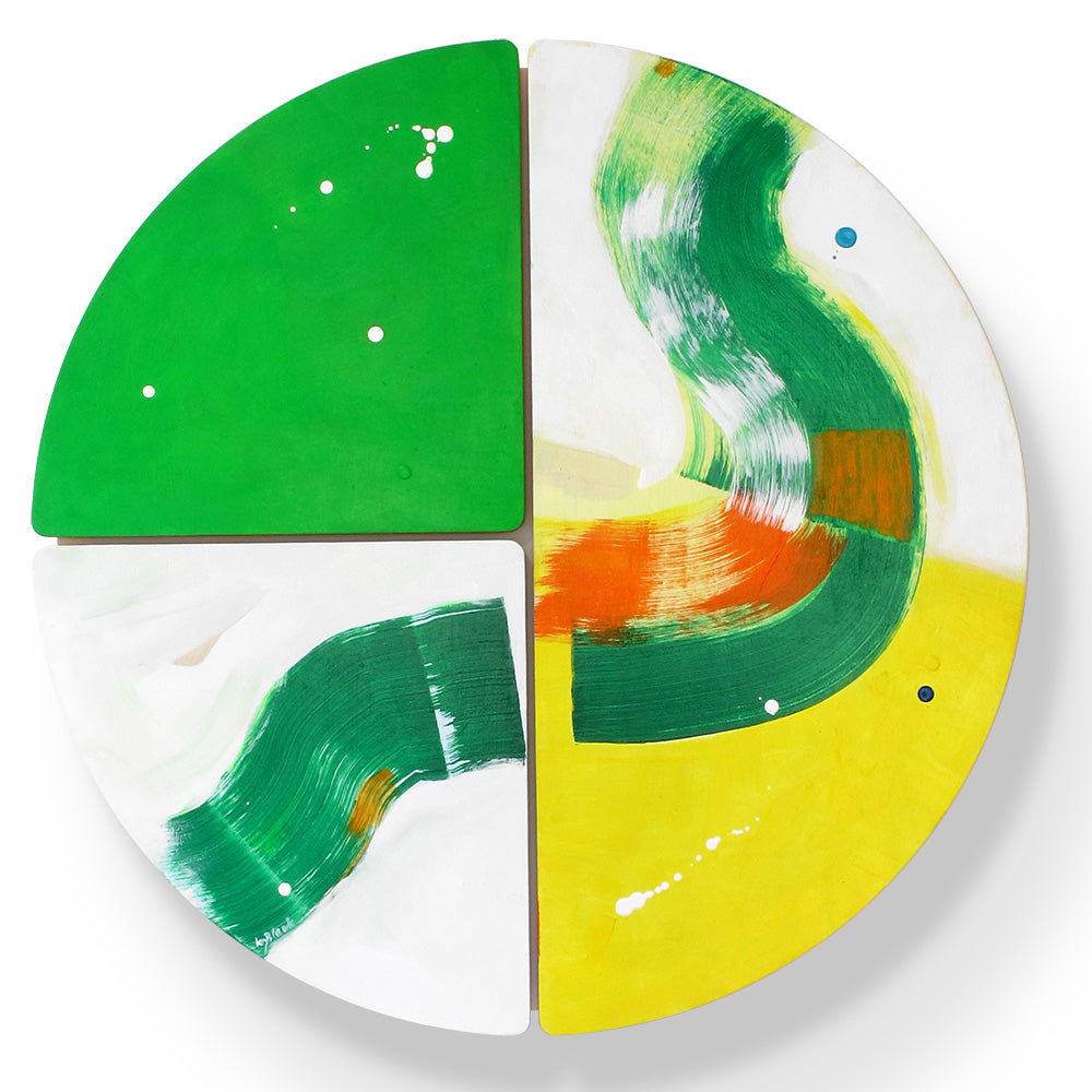 View of Crocodile Belly Skid original abstract wall sculpture by Kirsty Black 3 plywood tiles with a bold vivid green quarter-circle, fluid forest green brushwork and sunny yellow on white.