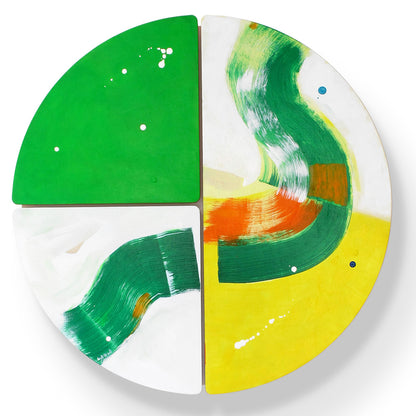 View of Crocodile Belly Skid original abstract wall sculpture by Kirsty Black 3 plywood tiles with a bold vivid green quarter-circle, fluid forest green brushwork and sunny yellow on white.