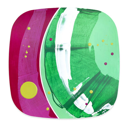 Maraschino Gelato by Kirsty Black. Original abstract painting on bevelled plywood, featuring rich cherry-magenta, mint and emerald green, sweeping white brushwork and playful lime-yellow dots.