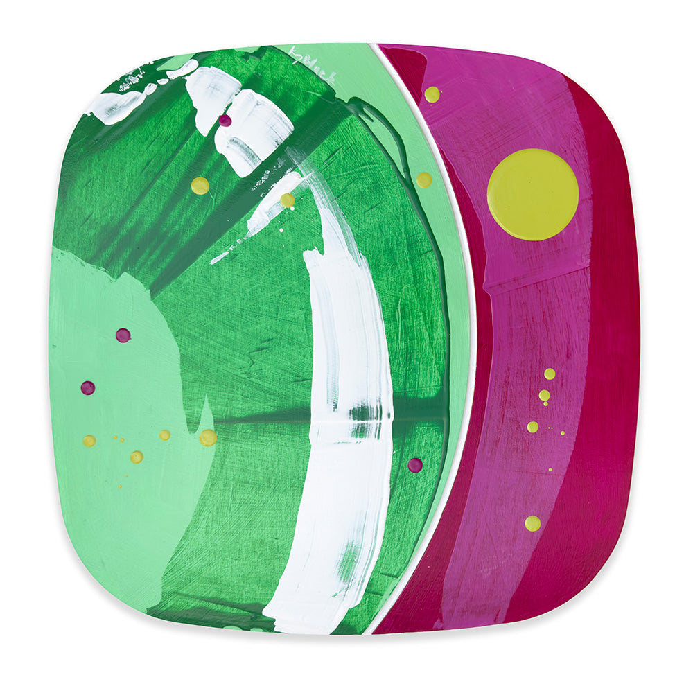 Maraschino Gelato by Kirsty Black, shown rotated with expressive green and white brushwork on the left and vibrant cherry-magenta with a large lime-yellow circle on the right.