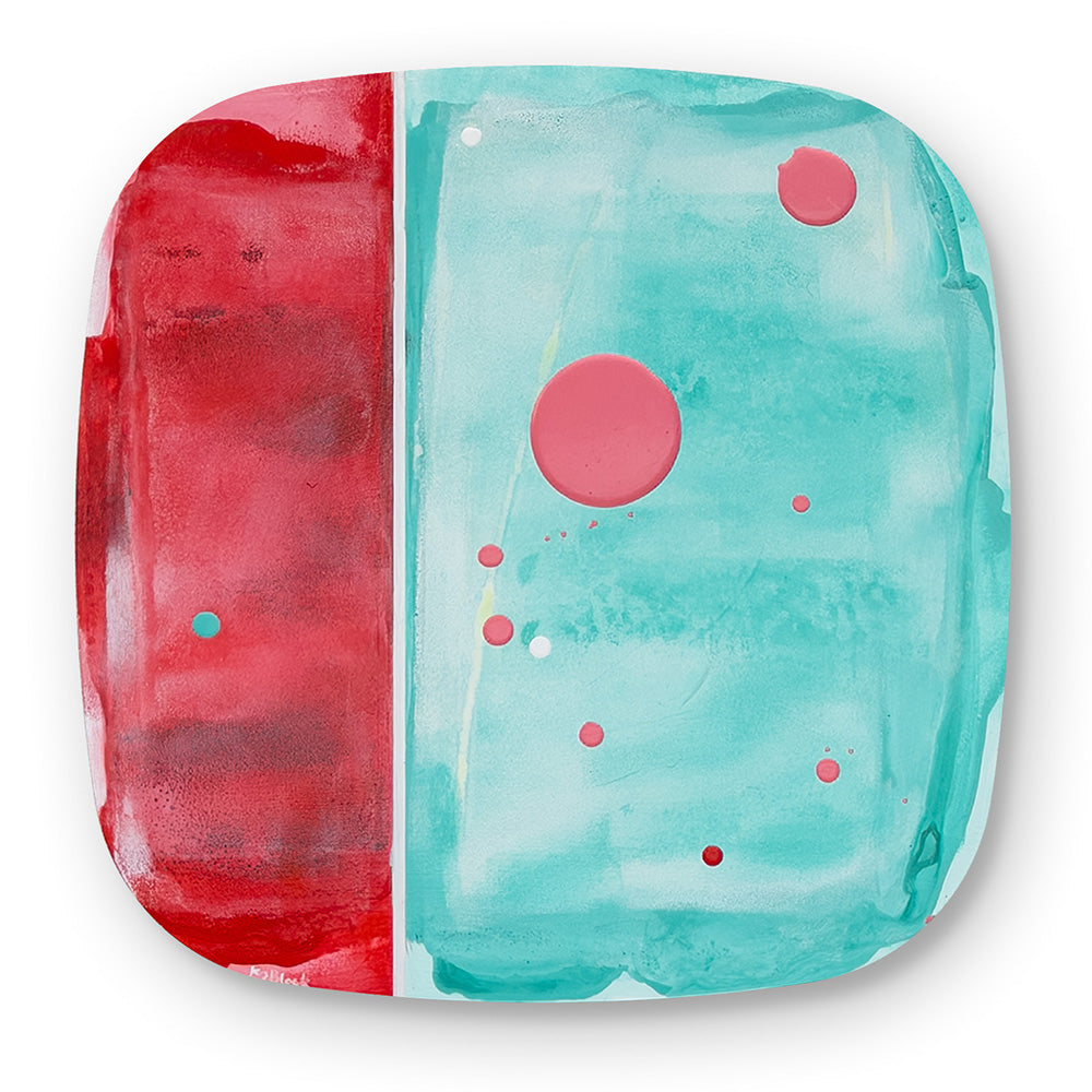Tamarillo Sorbet, detail showing surface texture, scattered pink dots and circles, and the white groove dividing the red and aqua colour fields, by Kirsty Black.