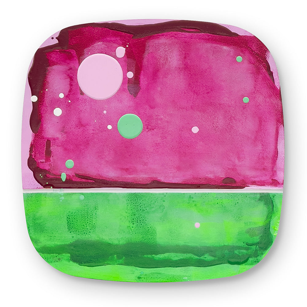 Watermelon Sorbet, original abstract painting on bevelled ply with vivid magenta upper field and electric green lower field divided by a white groove, by Kirsty Black.