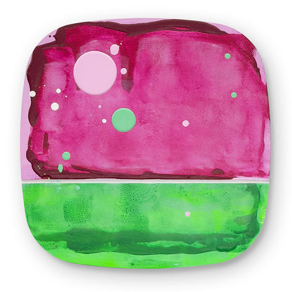 Watermelon Sorbet, original abstract painting on bevelled ply with vivid magenta upper field and electric green lower field divided by a white groove, by Kirsty Black.