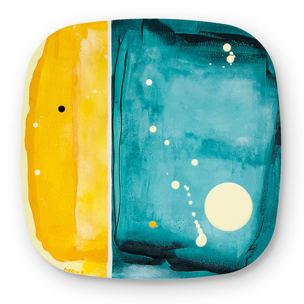 Yuzu Sorbet, original abstract painting on bevelled ply with warm yellow and deep teal split palette and large buttery circle form, by Kirsty Black.