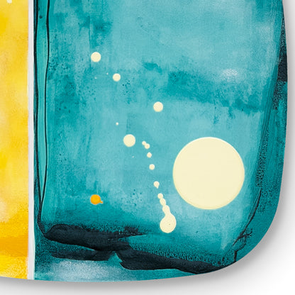 Yuzu Sorbet, detail showing surface texture, pools and droplets of medium, and routed groove in teal field, by Kirsty Black.