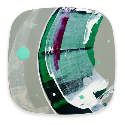 Absinthe Gelato original abstract painting by Kirsty Black, featuring sweeping emerald and mint green brushwork, bold white strokes and deep magenta accents against soft grey fields, with a curved groove and scattered mint and white dots.
