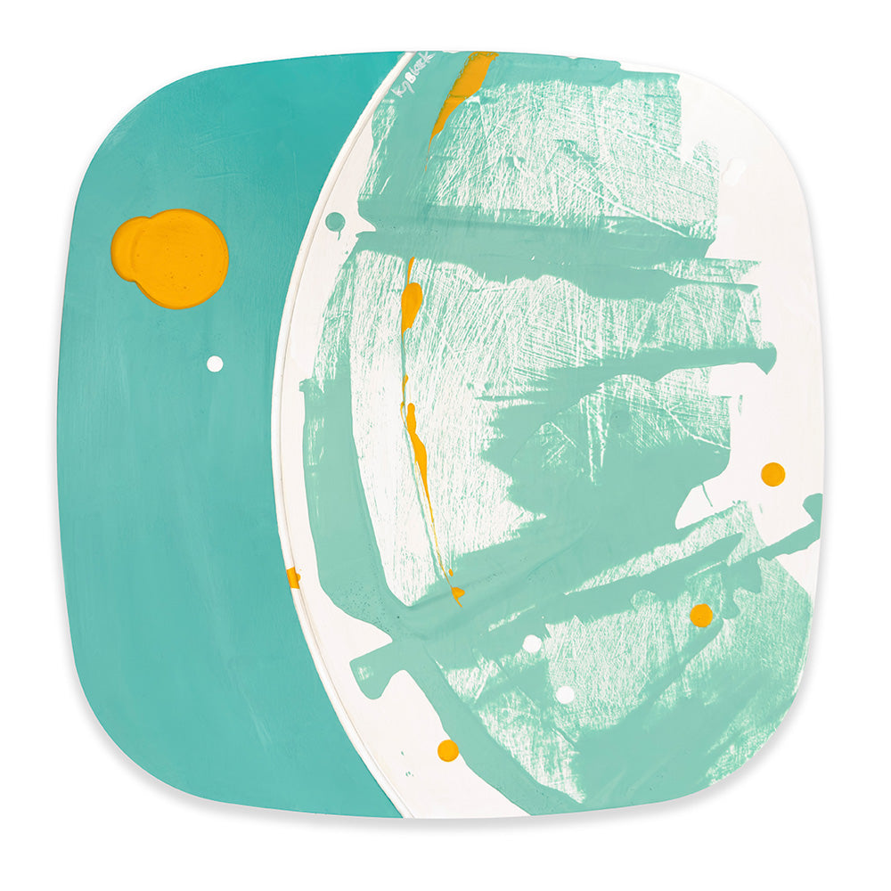 Agave Gelato by Kirsty Black, shown rotated with a smooth turquoise field and golden yellow circle on the left, contrasting with textured mint green brushwork and colourful dots on the right.