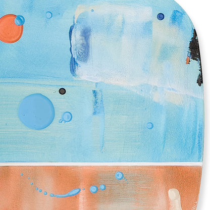 Apricot Sorbet, detail showing layered blue brushwork, scattered dots, and the white groove dividing the sky blue and apricot fields, by Kirsty Black.