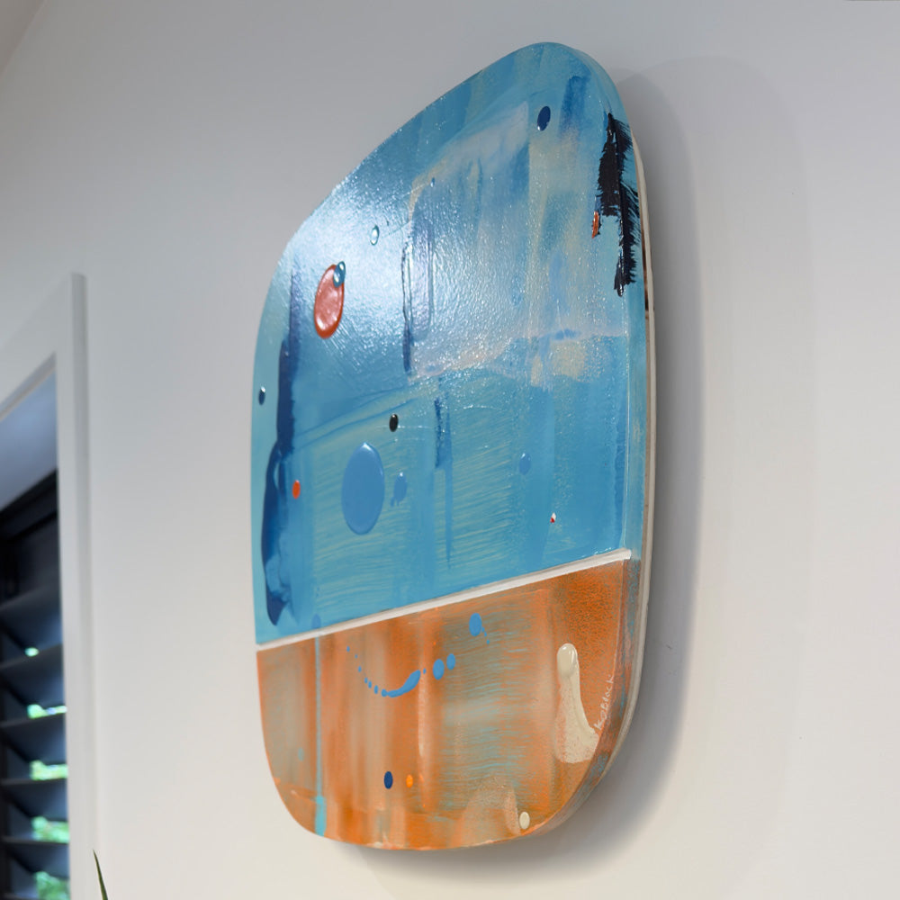 Apricot Sorbet, original abstract painting by Kirsty Black shown from the side on a white wall, illustrating the bevelled plywood edge and how the painting sits proud of the surface.