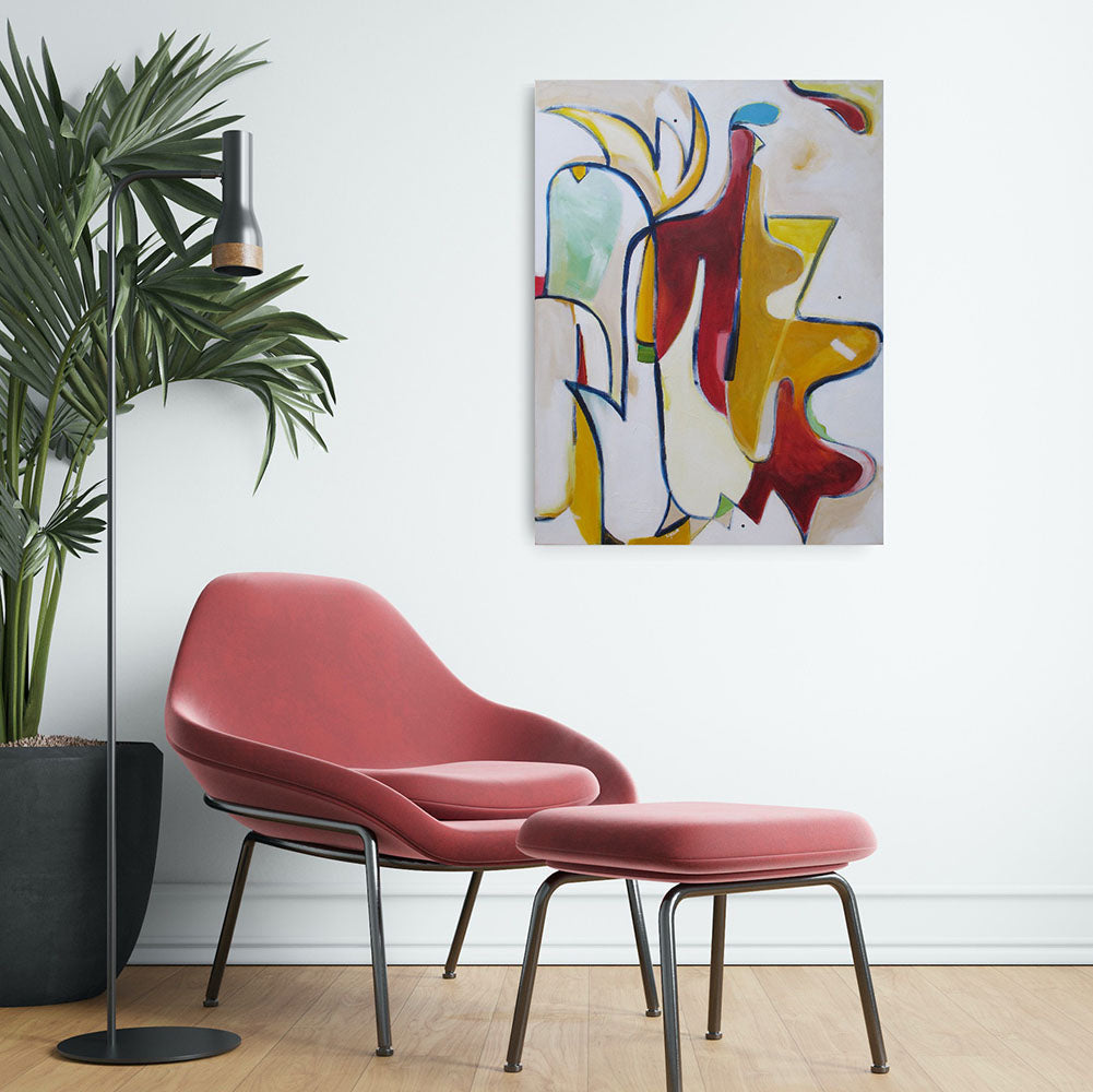 Bantam Bandits abstract painting by Kirsty Black hung on white wall beside tall palm plant and black floor lamp with pink velvet lounge chair and footstool on timber floor