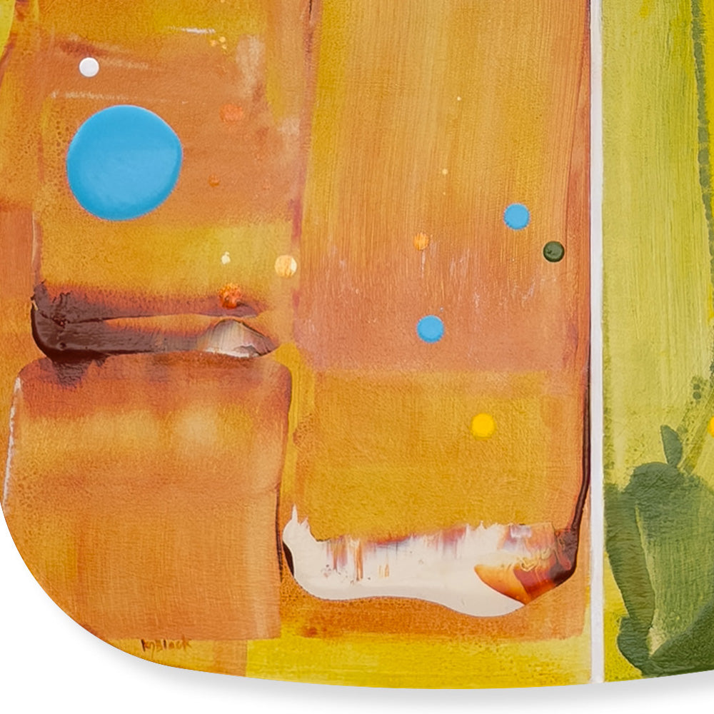 Bosc Sorbet, detail showing layered amber surface texture, large sky-blue circle, scattered dots, and the white groove at the edge of the green field, by Kirsty Black.