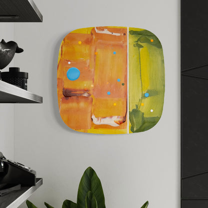 Bosc Sorbet, original abstract painting by Kirsty Black shown in situ on a kitchen wall beside open shelving and a plant, illustrating scale and how the bevelled plywood sits proud of the wall.