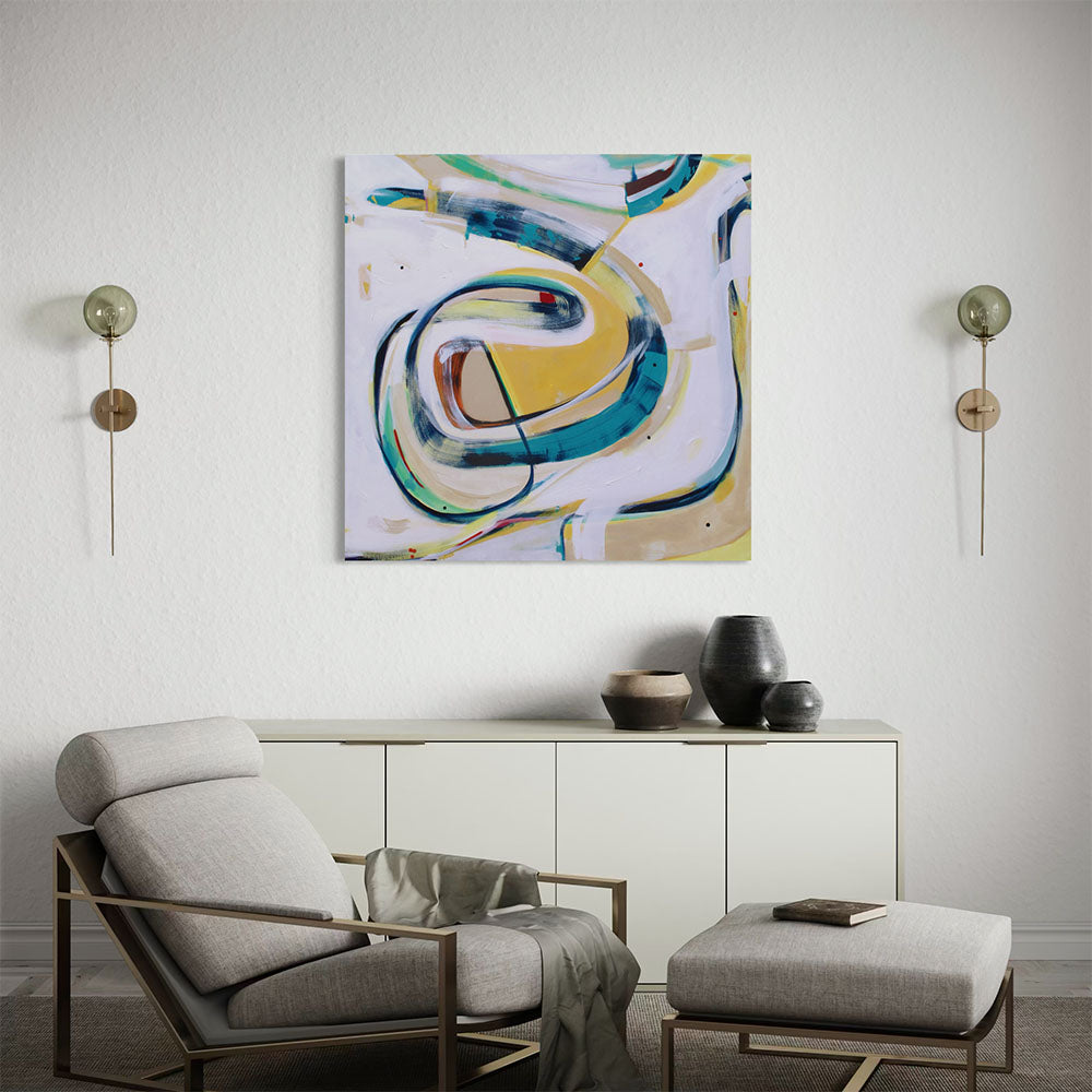 Breakneck Brenda abstract painting by Kirsty Black hung above white sideboard with dark ceramic vessels in minimal living space with grey lounger, footstool and brass wall sconce lights