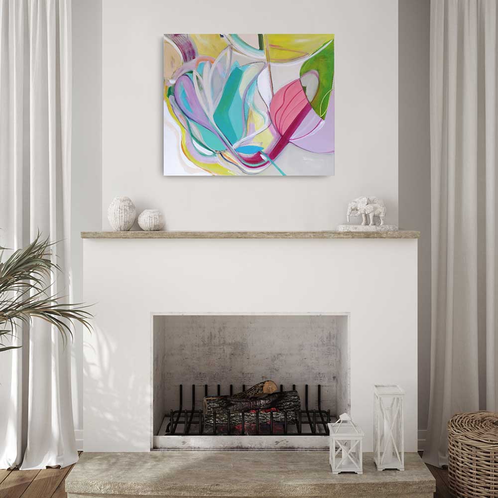 Bush Baby Bonnet abstract painting on a wall above a fireplace
