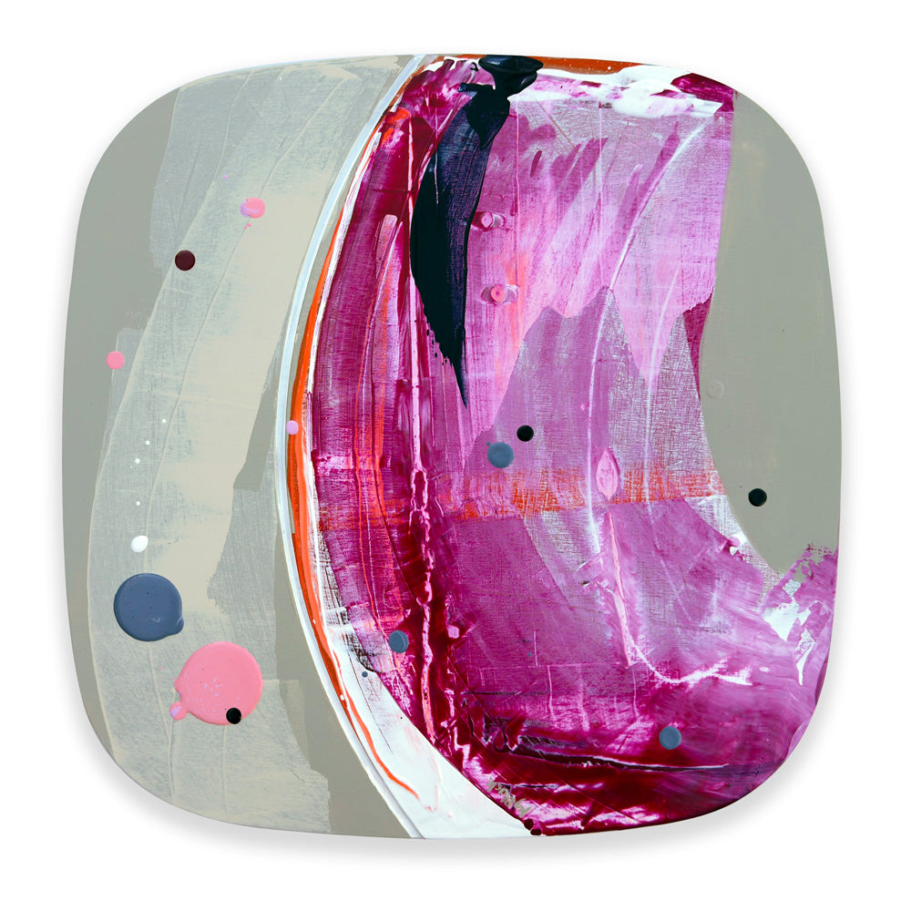 Campari Gelato original abstract painting by Kirsty Black, featuring sweeping raspberry pink, crimson and magenta brushwork on the right, contrasting soft grey fields on the left, a curved groove and scattered pink, slate-blue and dark circular accents.