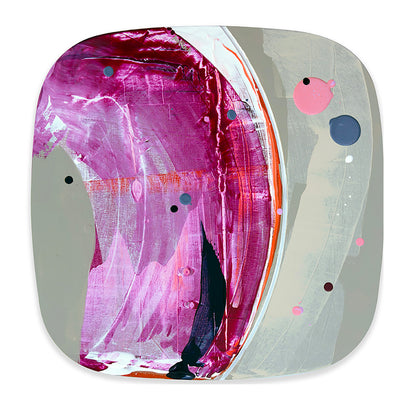 Campari Gelato original abstract painting by Kirsty Black shown in its alternative hanging orientation, with expressive magenta and raspberry brushwork on the left, soft grey on the right, a curved white groove and playful coloured dots.