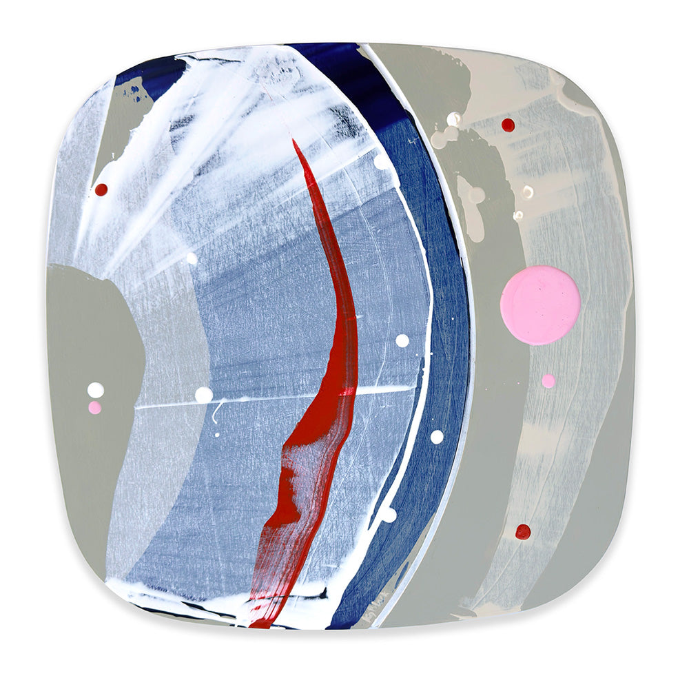 Cassis Gelato original abstract painting by Kirsty Black, featuring sweeping slate blue, navy and white brushwork with a bold vermilion red accent, soft grey fields, a curved groove and scattered pink, white and red circular details.