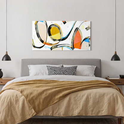 Catapult Katarina abstract painting by Kirsty Black hung above grey upholstered bed in contemporary bedroom with mustard yellow bedding, timber bedside tables and black pendant lights
