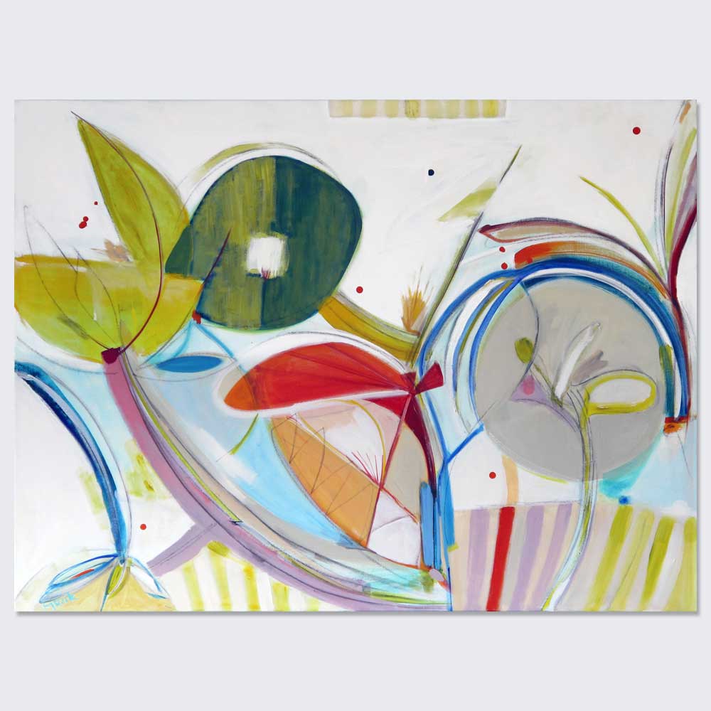 Uplifting botanical abstract painting in fresh summery colors for sale, by Kirsty Black