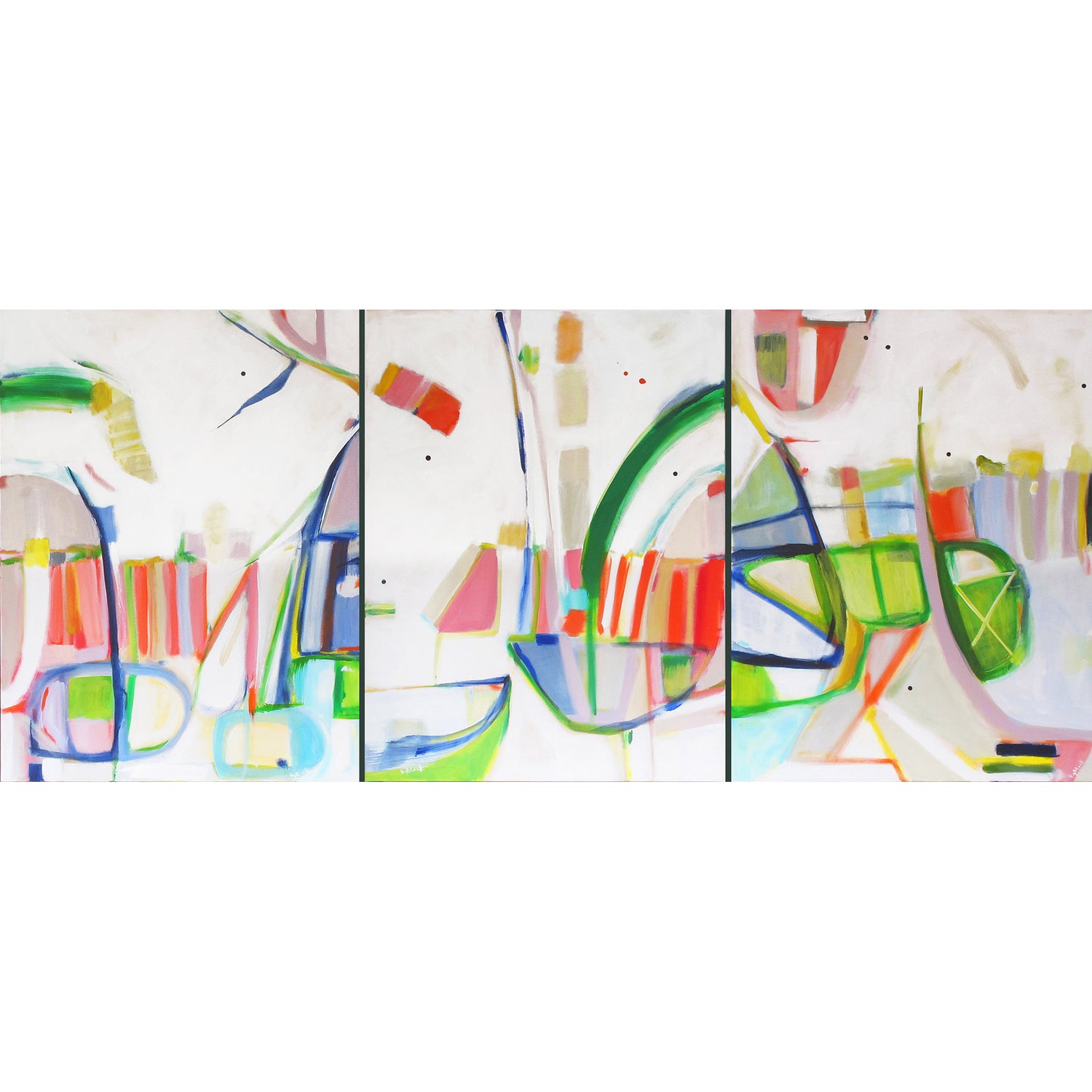 Chameleon Rollercoaster original triptych painting by Kirsty Black featuring bold lime green curves navy blue outlines coral striped sections and geometric shapes across three white panels