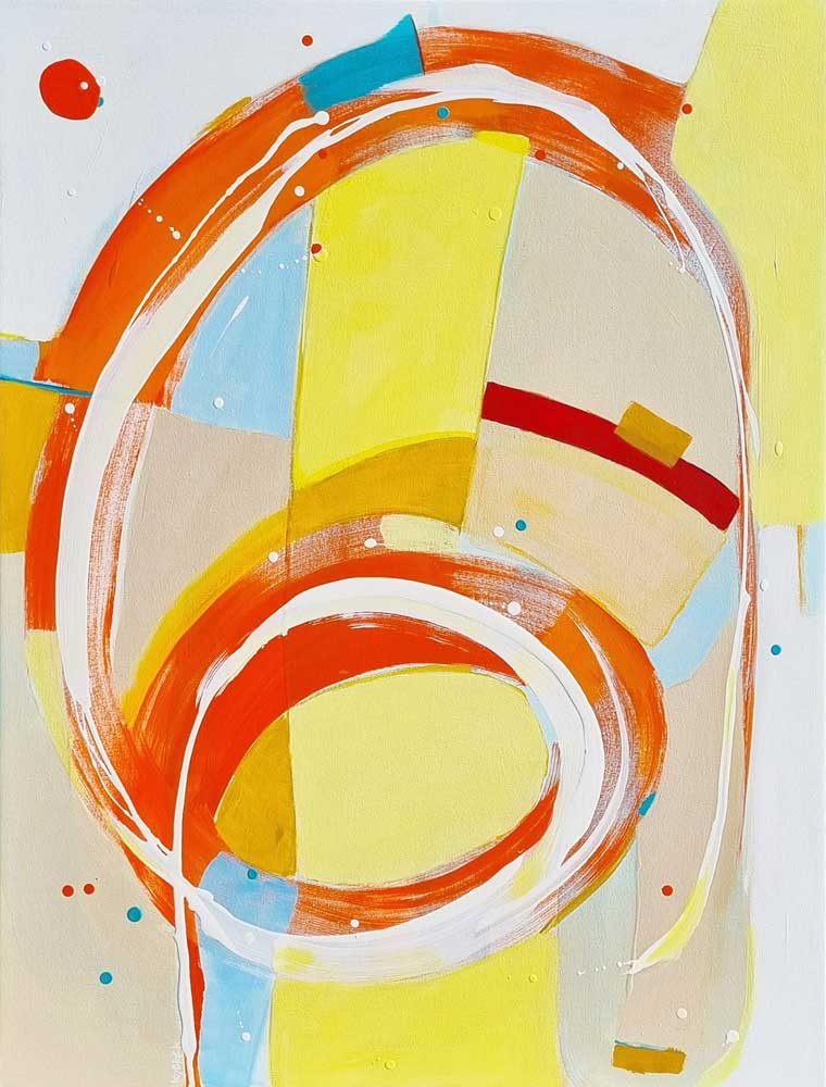 Clever Clogs Clare, painting in orange and yellow by Kirsty Black Studio