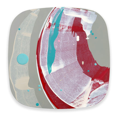 Cosmopolitan Gelato original abstract painting by Kirsty Black, featuring sweeping crimson and raspberry red brushwork, soft mauve and turquoise accents, a curved groove, muted sage-grey fields and scattered turquoise dots, with a large turquoise circle on the left.