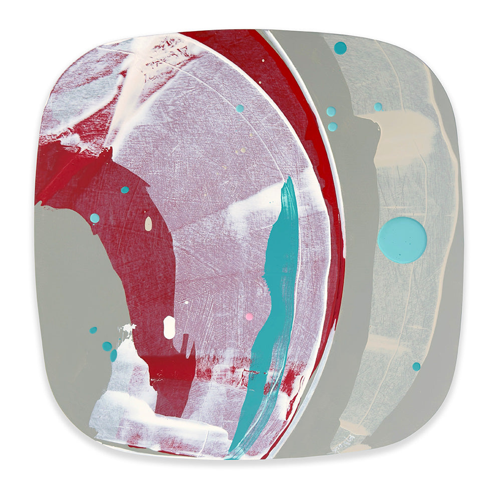Cosmopolitan Gelato original abstract painting by Kirsty Black shown in its alternative hanging orientation, with sweeping red, mauve and turquoise brushwork on the left, soft sage-grey on the right, a curved groove and a large turquoise circle.