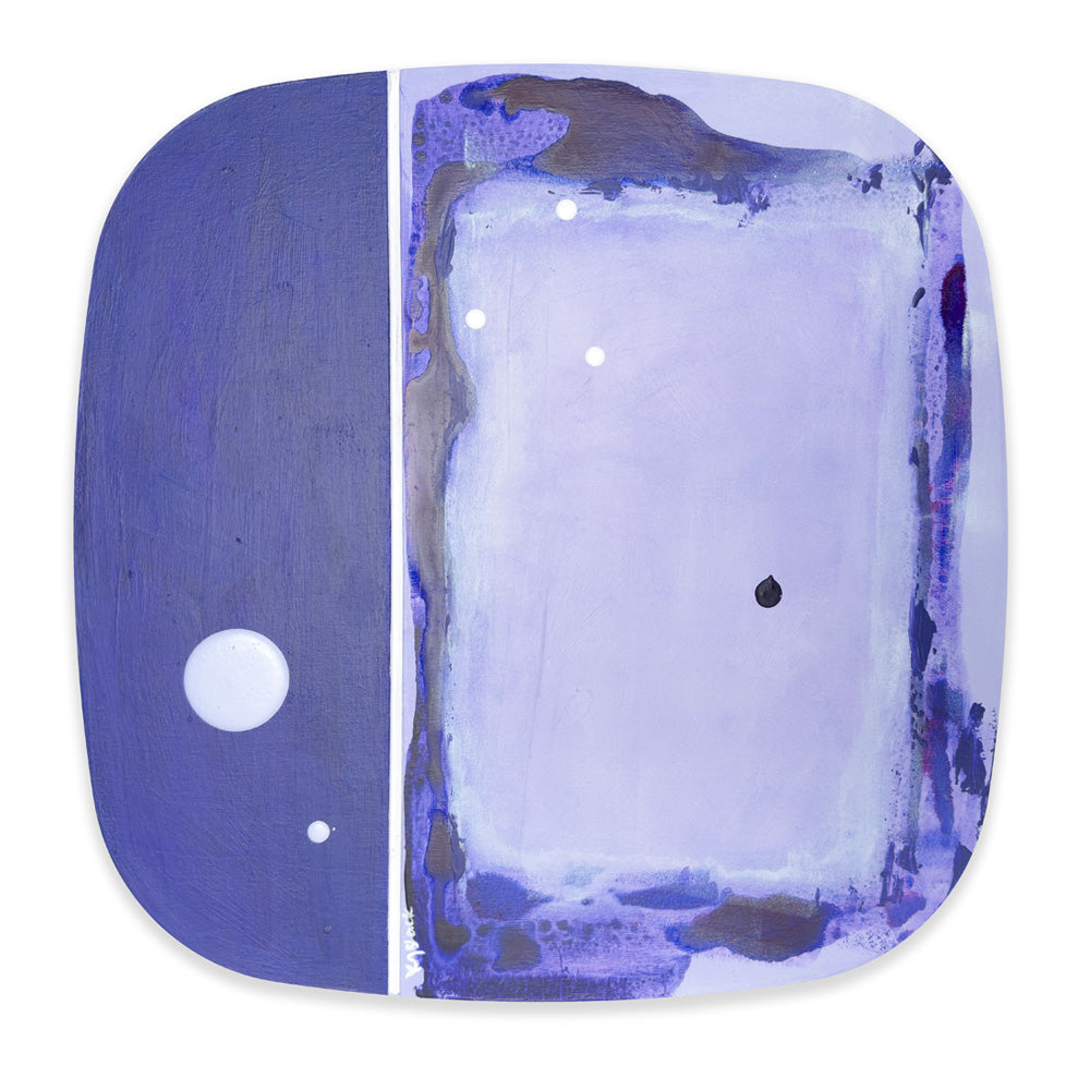 Damson Sorbet original abstract painting by Kirsty Black shown in its alternative hanging orientation, with solid damson purple on the left and softly textured lavender on the right, separated by a vertical white groove with scattered white and dark circular accents.