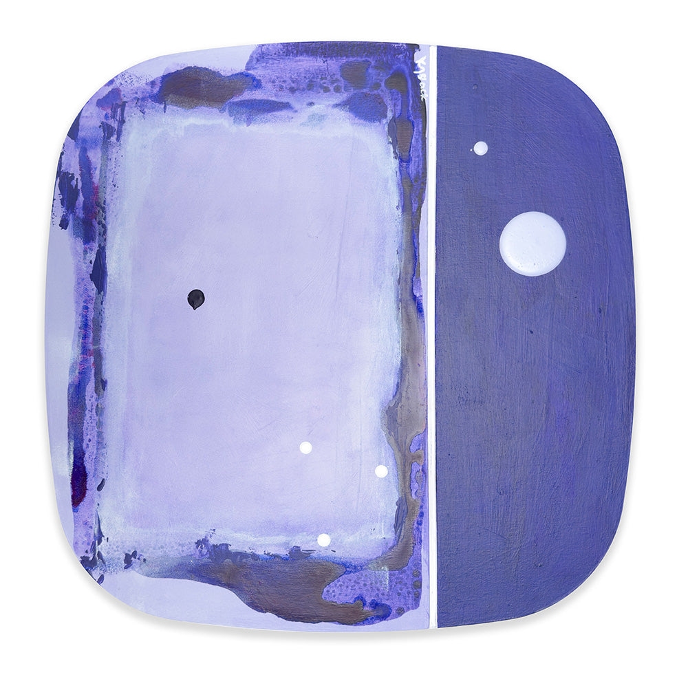 Damson Sorbet original abstract painting by Kirsty Black, featuring a softly layered lavender field with expressive violet and indigo brushwork on the left, solid damson purple on the right, a vertical white groove and scattered white dots.